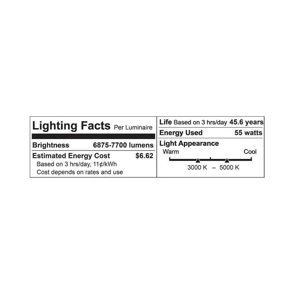 Ceiling Light Canopy with label showing light bulb, text, and numbers. Provides 6785-7700 lumens of CCT tunable white light. Weatherproof (IP65) and UL safety certified. Ideal replacement for metal halide or fluorescent fixtures.