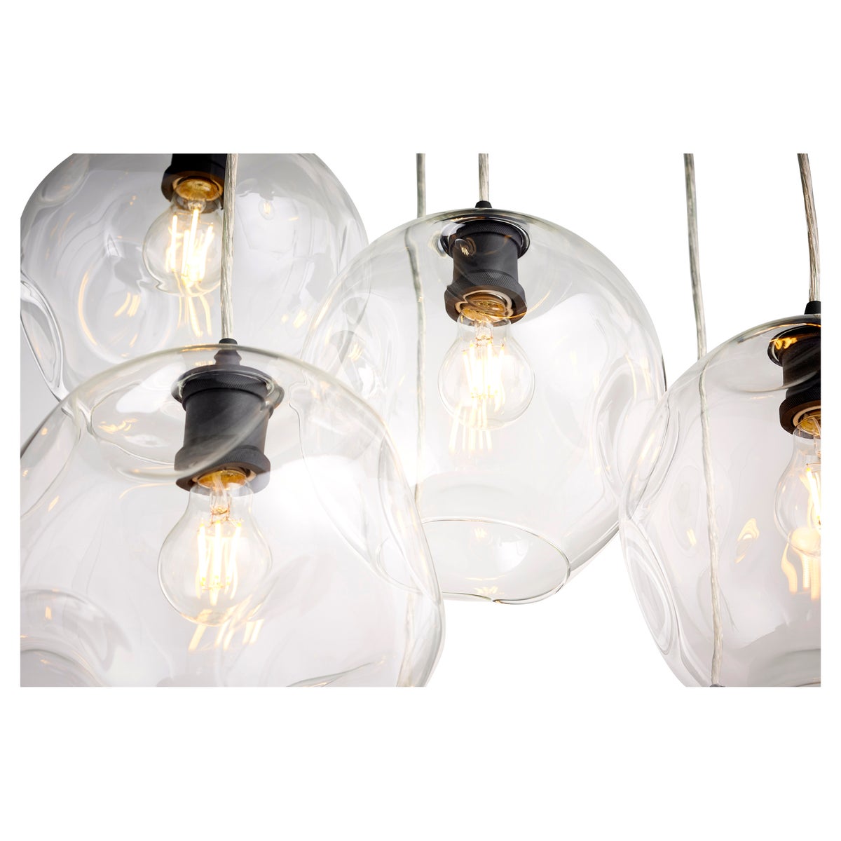 Cluster Pendant Light with clear glass globes and a light bulb in a glass container. Crafted of metal in a stylish finish, this contemporary light fixture features an adjustable cord and a wavy glass globe shade. Perfect for brightening your space.