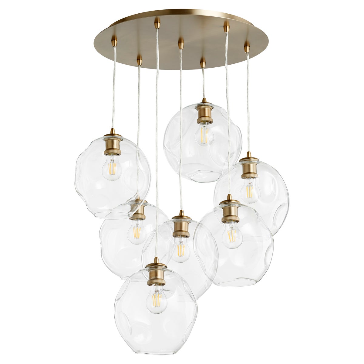 Cluster Pendant Light with clear glass balls and wavy globe shade, suspended by an adjustable cord. Contemporary style ceiling fixture by Quorum International.