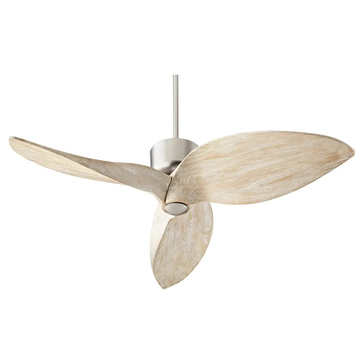 Contemporary Ceiling Fan with Distressed Finish and Weathered Oak Blades, perfect for boho-chic, eclectic, or modern farmhouse spaces. 52" blade sweep at a 45-degree pitch. DC-125NS-30 motor. UL Listed. Limited Lifetime Warranty.
