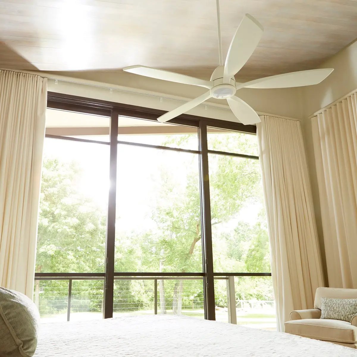Contemporary Ceiling Fan with Light in Oiled Bronze finish, featuring a twist design and 56-inch blades. 6-speed DC motor and integrated LED lighting.
