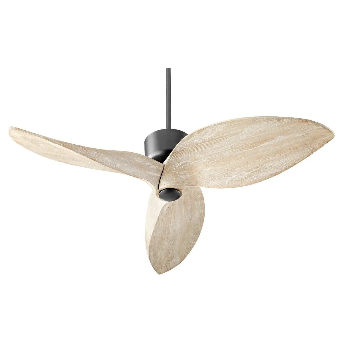 Contemporary Ceiling Fan with Distressed Finish and Weathered Oak Blades, 52" Blade Sweep, 45 Degree Pitch. Perfect for Boho-Chic, Eclectic, or Modern Farmhouse Spaces. Quorum International DC-125NS-30, UL Listed, Dry Location. 18.5"H x 52"W. Limited Lifetime Warranty.