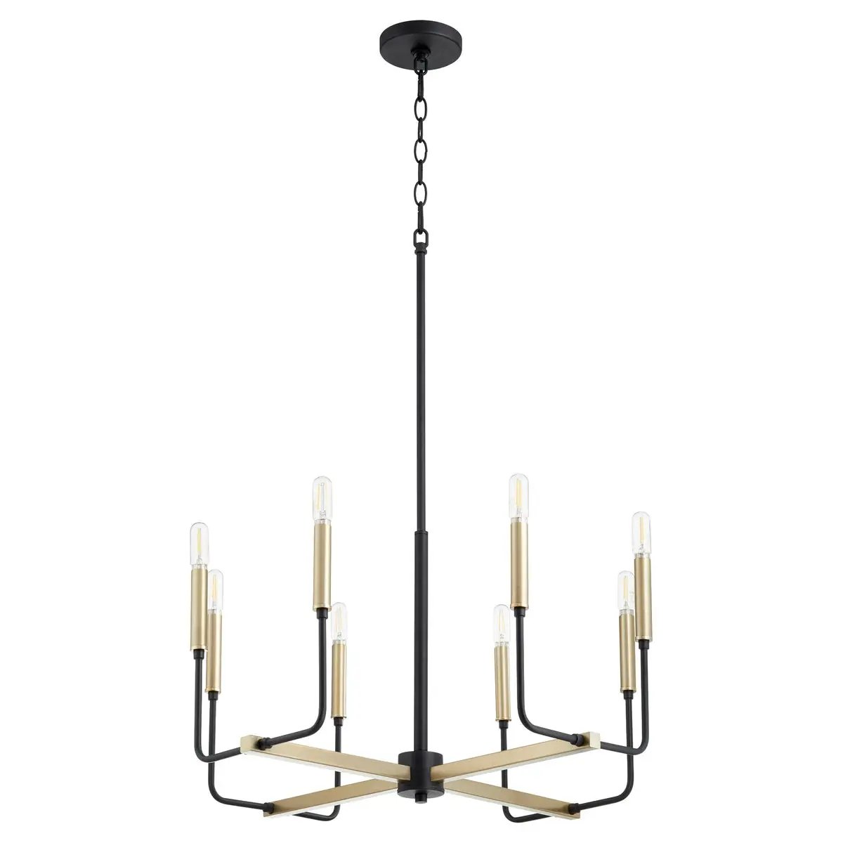 Contemporary chandelier with adjustable chain and stems, featuring eight candelabra light sources. Sleek minimalist design with aged brass-noir finish. Suitable for indoor and outdoor spaces.
