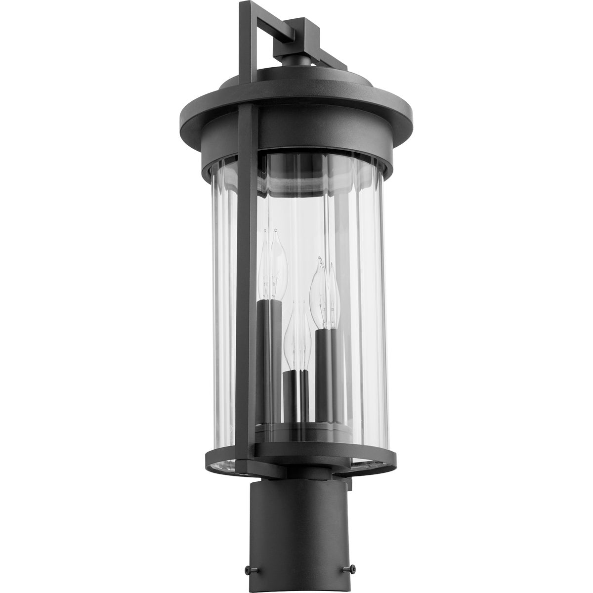 Contemporary Outdoor Post Light with clear glass shade, metal construction, and clean lines. Wet location rated. 40W, 120V, 3 bulbs (not included). 8.5&quot;W x 19.5&quot;H. UL Listed. 2-year warranty.