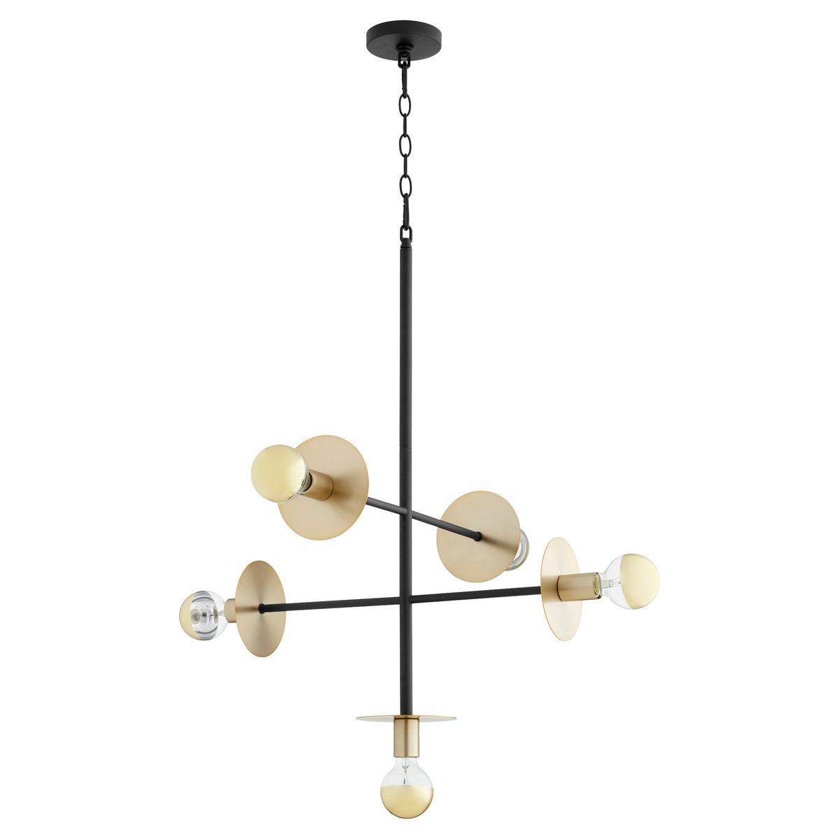 Contemporary pendant light with gold circles and light bulbs, providing multi-directional radiance. Two-toned design in noir and aged brass finishes. Damp Listed for indoor/outdoor installation. 18.5"W x 24"H.