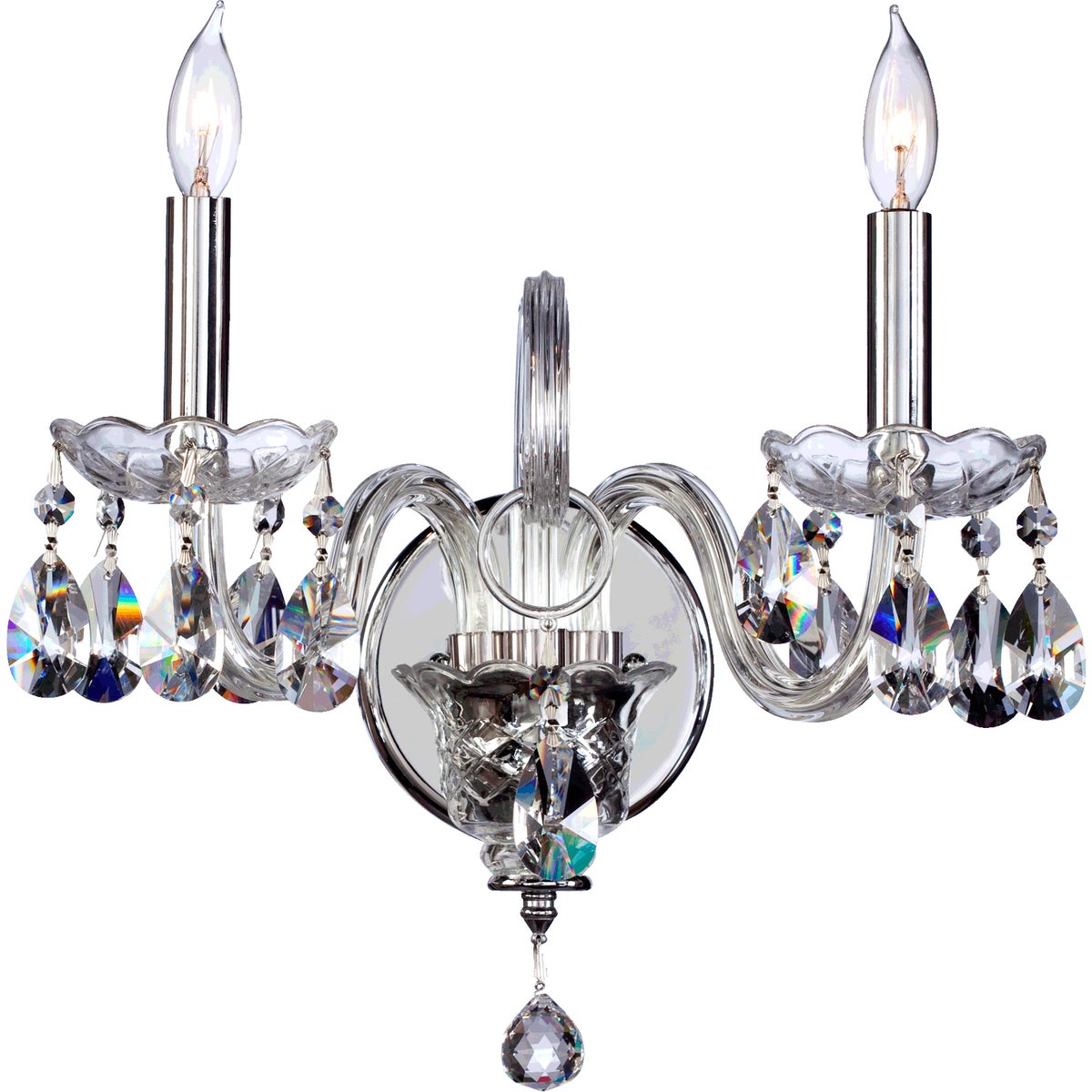 Crystal Wall Sconce with two lights, featuring tear drop crystal accents for dazzling, prismatic effects. Chrome finish.