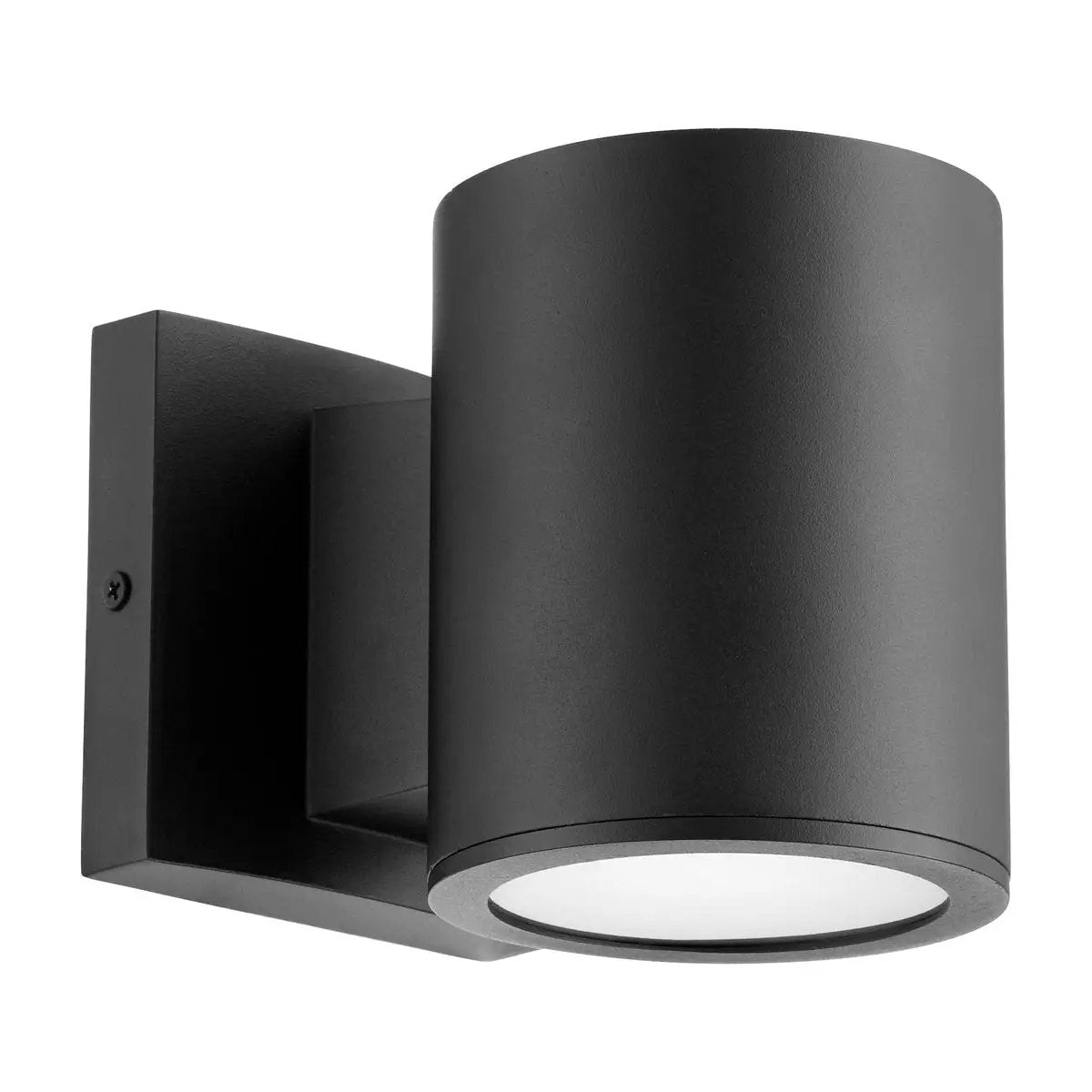 Cylinder Outdoor Wall Light with sleek design and LED light source. Contemporary appeal with beautiful finish and frosted glass shade. Perfect for updating your covered patio or home's exterior.