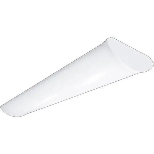 A white cone-shaped dimmable LED wraparound light with a curved diffuser, delivering 5280 lumens of even light distribution. Energy-efficient and suitable for both commercial and residential spaces. 46"L x 9.74"W x 3.875"H. 10-year warranty.