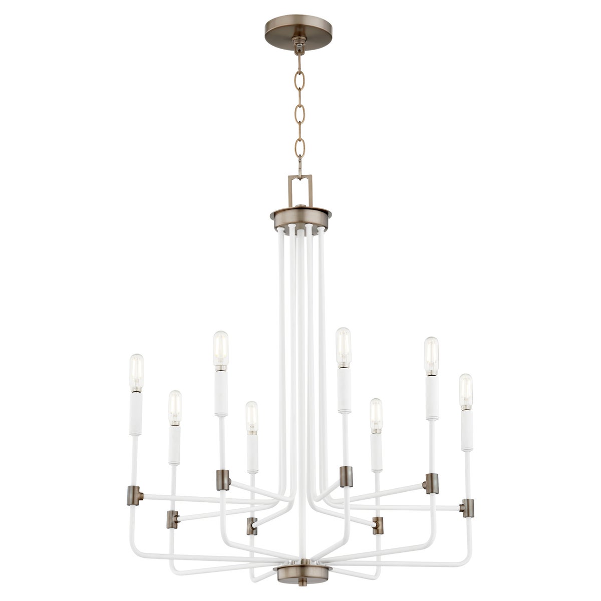 Dining Room Chandelier with contemporary parallel arms and white tubes, adding balance to any environment. 8 bulbs, 60W, dimmable. UL Listed. 24.5"W x 29"H.