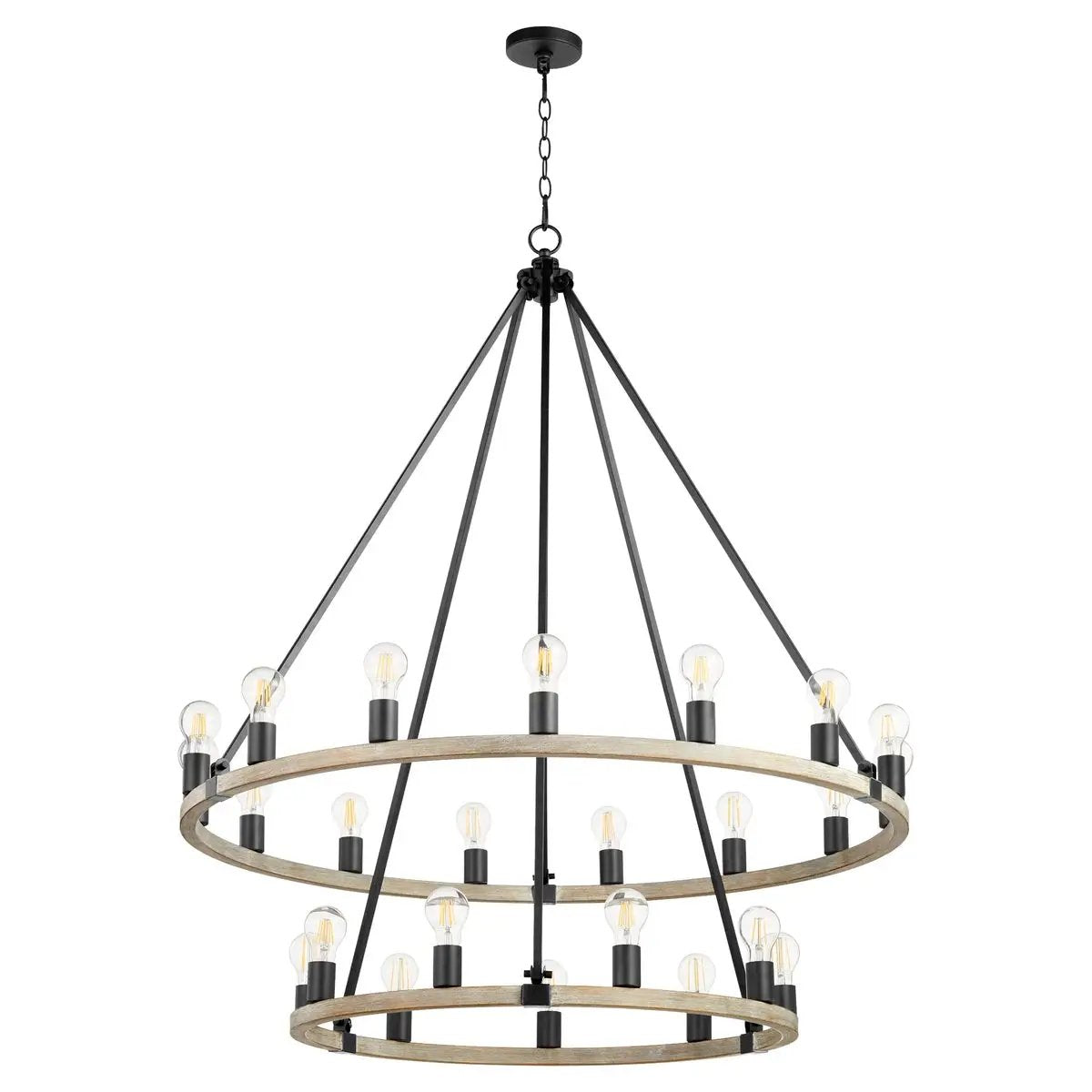 Double Wagon Wheel Chandelier with stacked, dual-layer rounded frame and 24 exposed medium base sockets. Noir and weathered oak finishes create a rustic aesthetic. Perfect for indoor and outdoor spaces.