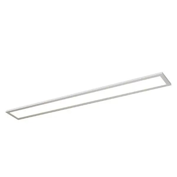 A white rectangular LED strip light fixture with frosted polystyrene lens, offering selectable CCT and lumen adjustable features. 1600-3200 lumens of glare-free ambient lighting. 47.76"L x 4.25"W x 0.94"H.