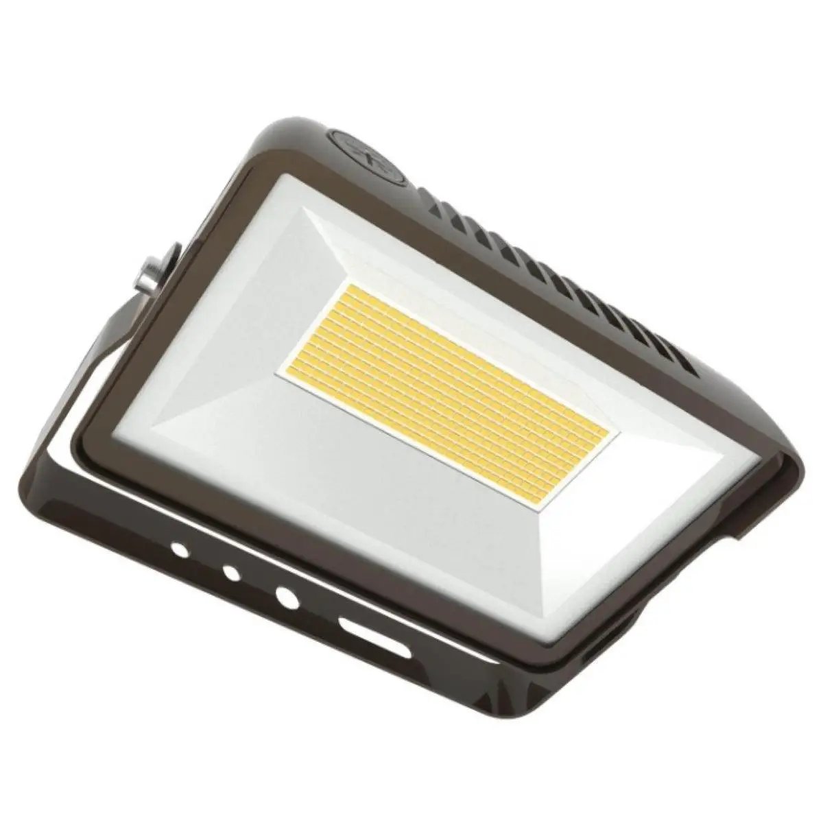 A close-up of the Keystone Technologies Dusk to Dawn Flood Light. Provides 8580 lumens of color adjustable white light. Universal mounting options: knuckle and yoke mount. Built-in dusk-to-dawn photocell for energy savings. Color selectable with switch.