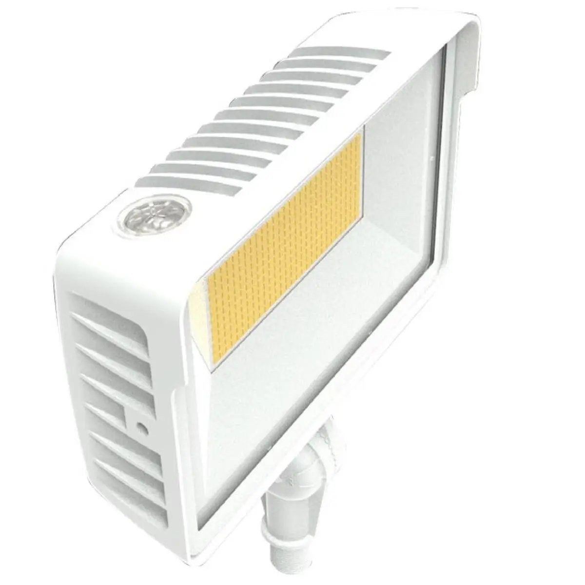 Main product shot in white finish of a dusk-to-dawn LED flood light showing the tempered-glass lens and mounting hardware for knuckle or yoke installation; built-in photocell for automatic on/off control, IP65-rated housing, 120–277V input with 0–10V dimming, selectable 3000K/4000K/5000K (3K/4K/5K) at 80+ CRI, 60W output delivering 8,580 lumens.