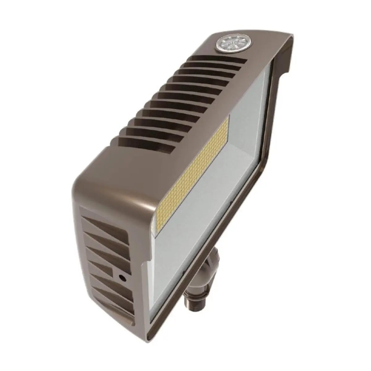 Dusk-to-dawn LED flood light with knuckle or yoke mount and built-in photocell, sealed housing with tempered glass lens; 120–277V input, 0–10V dimming, IP65-rated, 60W output (8,580 lumens) with selectable 3000K/4000K/5000K and 80+ CRI.