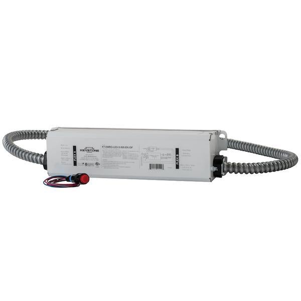 Emergency Battery Backup LED Driver: A white box with a hose attached, featuring black text. This tool ensures uninterrupted lighting during power loss. It adjusts output based on LED fixture load, providing 500 lumens for 90 minutes. Dimensions: 2.38"W x 9.5"L x 1.9"H.