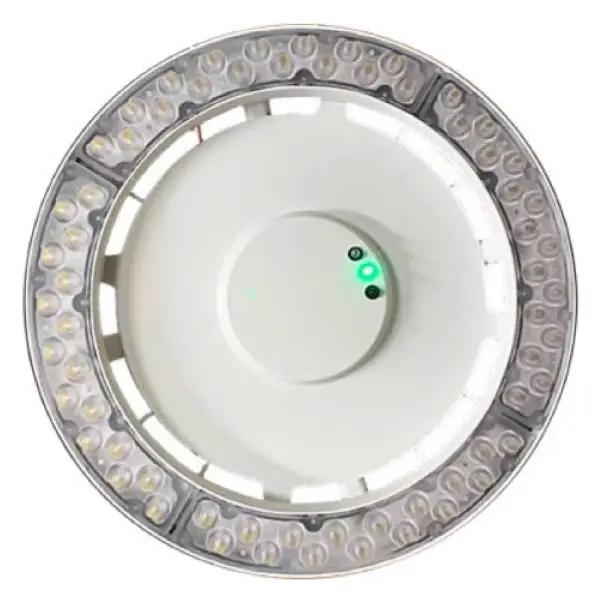 Emergency High Bay Lighting Fixture: A white light fixture with a round base, delivering 4000 lumens of illumination for 90 minutes. Compatible with input voltages from 120V to 480V. Perfect for high ceiling applications.