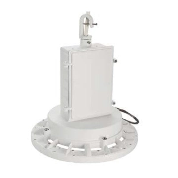 Emergency High Bay Lighting Fixture: A white box on a round base, with a white door and handle. Close-up of a toilet. Perfect for high ceiling applications, this fixture delivers 4000 lumens for 90 minutes during power loss. Compatible with various input voltages. Simple installation and routine testing. Mountable up to 40'. Brand: Litetronics.