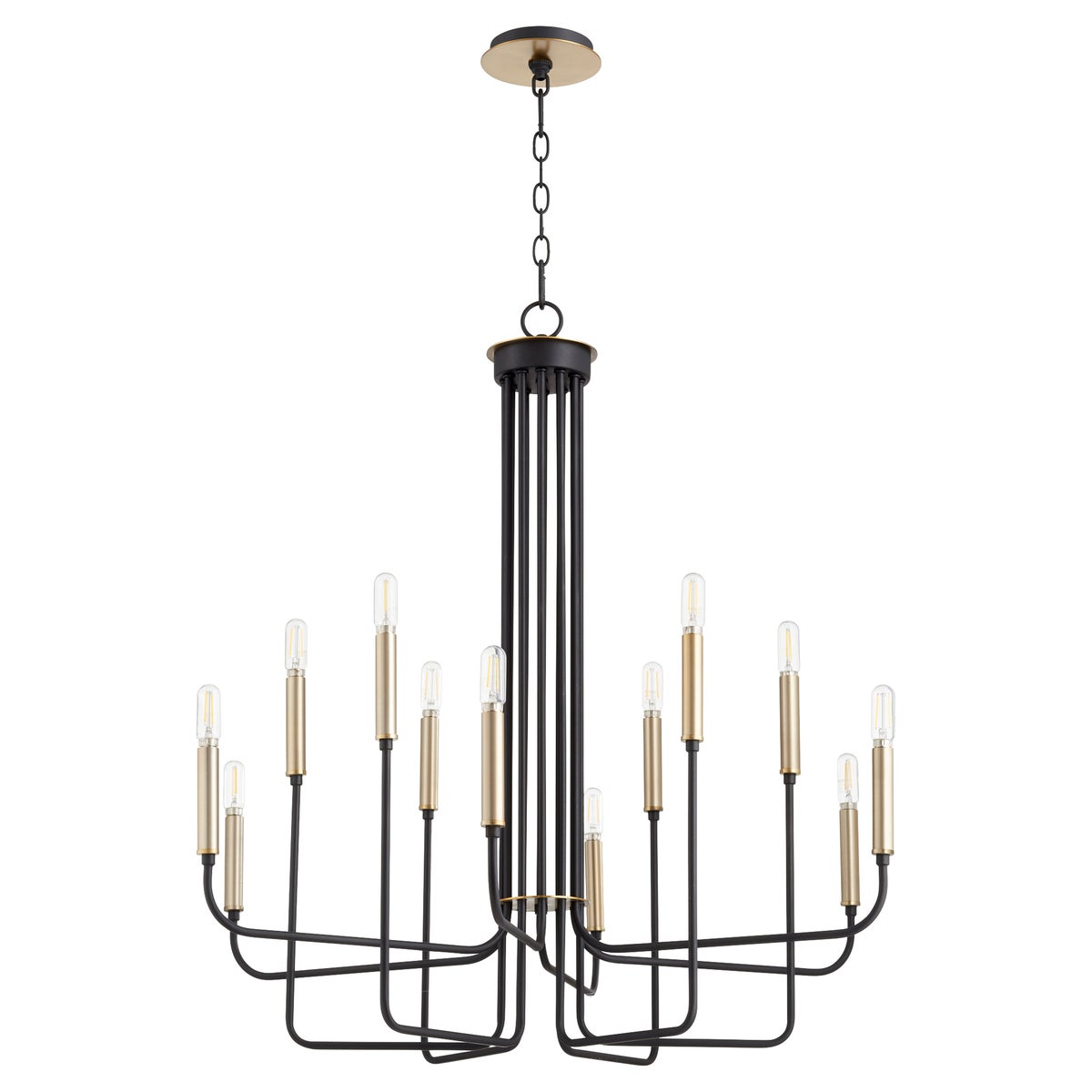 Entryway Chandelier: A minimalist, well-proportioned boxed shape with gold and black metal rods. Twelve candelabra light sources emit an ambient glow. Suitable for modern-industrial or minimalist-loft ensembles. Indoor/outdoor use, UL Listed for damp locations.