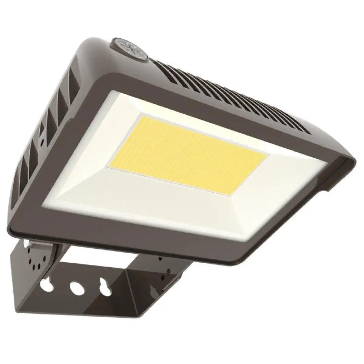 Angled underside view showing the optical face and trunnion mounting bracket on an exterior LED flood light; designed for slip fitter or trunnion mounting with built-in photocell, IP65-rated weather sealing, 120–277V input with 0–10V dimming, selectable 3000K/4000K/5000K (3K/4K/5K) at 80+ CRI, 75W output delivering 10,725 lumens.