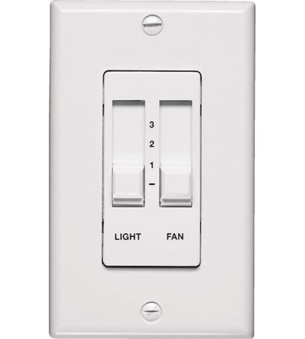 A white dual slide wall control for fan lights with 3-speed controls and downlight kits. Ideal for Quorum International fans.