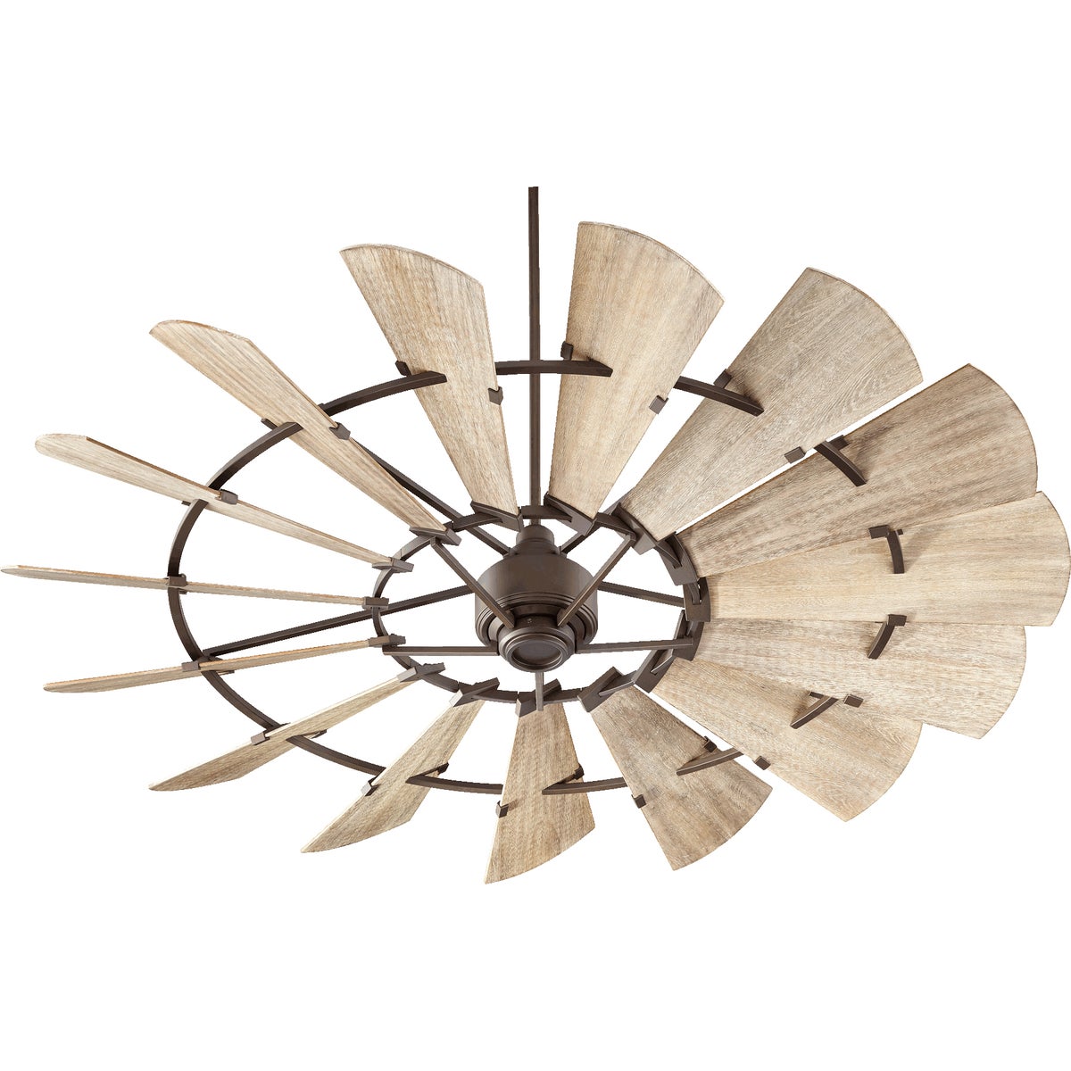 Alt text: "Farmhouse Ceiling Fan with 15 wooden blades in weathered oak finish, rustic design reminiscent of a windmill. Brand: Quorum International. Motor Size: DC-165L. Dimensions: 16.5"H x 72"W. UL Listed, Dry Location. Limited Lifetime Warranty."