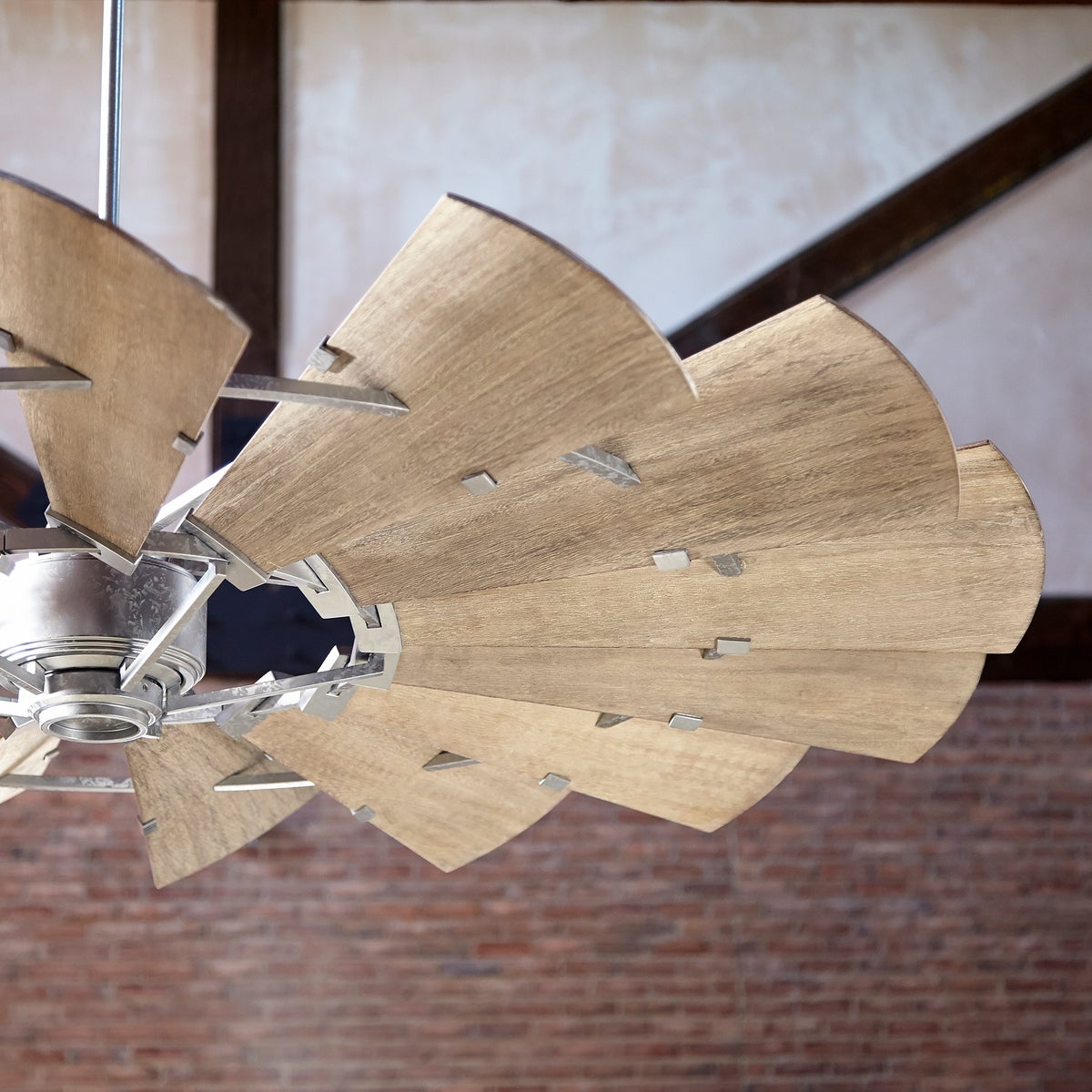 Farmhouse Ceiling Fan with weathered oak wooden blades, 15 blades, 30° pitch. Rustic design reminiscent of an outdoor windmill. DC-165L motor, UL Listed, Dry Location. Dimensions: 16.5"H x 72"W. Limited Lifetime warranty.