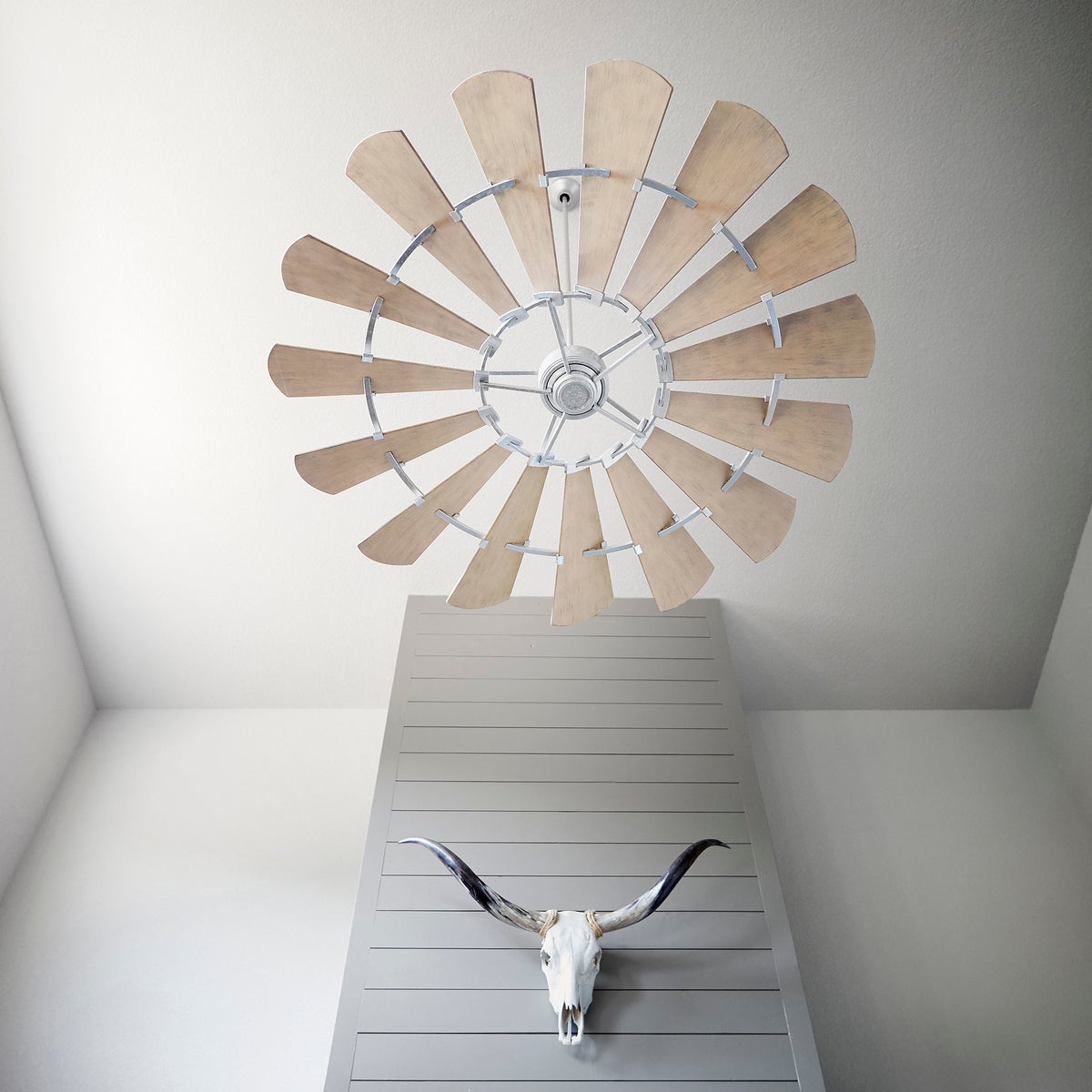 Farmhouse Ceiling Fan with 15 weathered oak wooden blades, rustic windmill-inspired design. UL Listed for dry locations. Limited Lifetime warranty.
