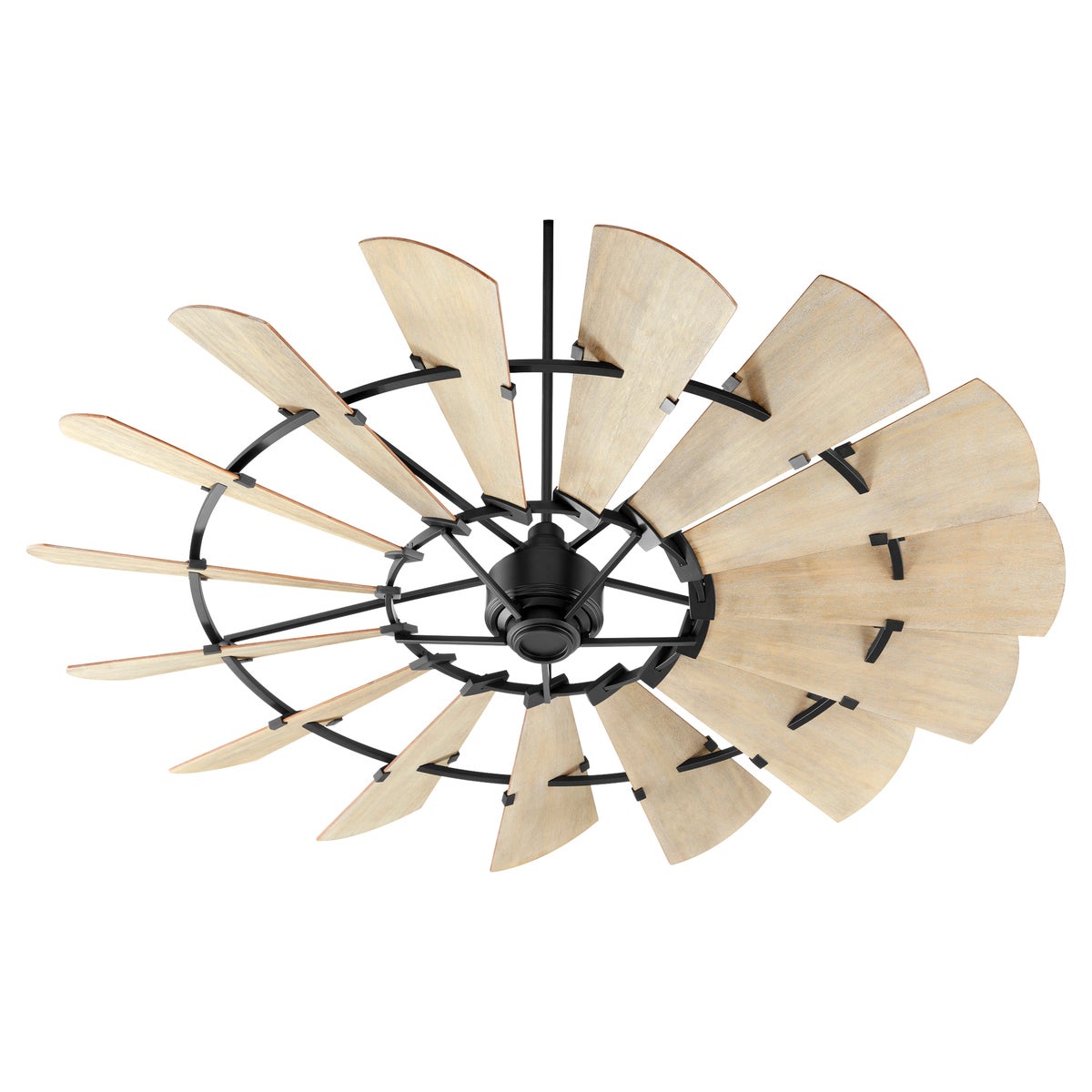 Farmhouse Ceiling Fan with 15 wooden blades in weathered oak finish, rustic design inspired by outdoor windmills. Quorum International DC-165L motor, UL Listed, Dry Location safety rating. Dimensions: 16.5"H x 72"W. Limited Lifetime warranty.