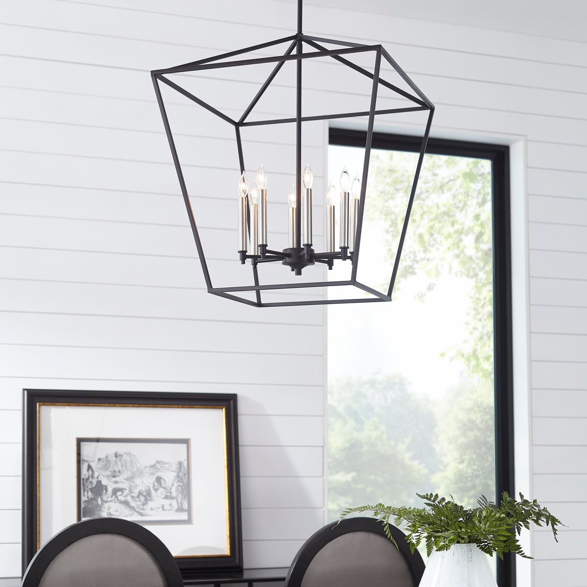 Farmhouse chandelier with open tapered shade and candelabra bulbs. Adds charm to foyer, hallway, or kitchen. Perfect with distressed woods and whitewashed floors.