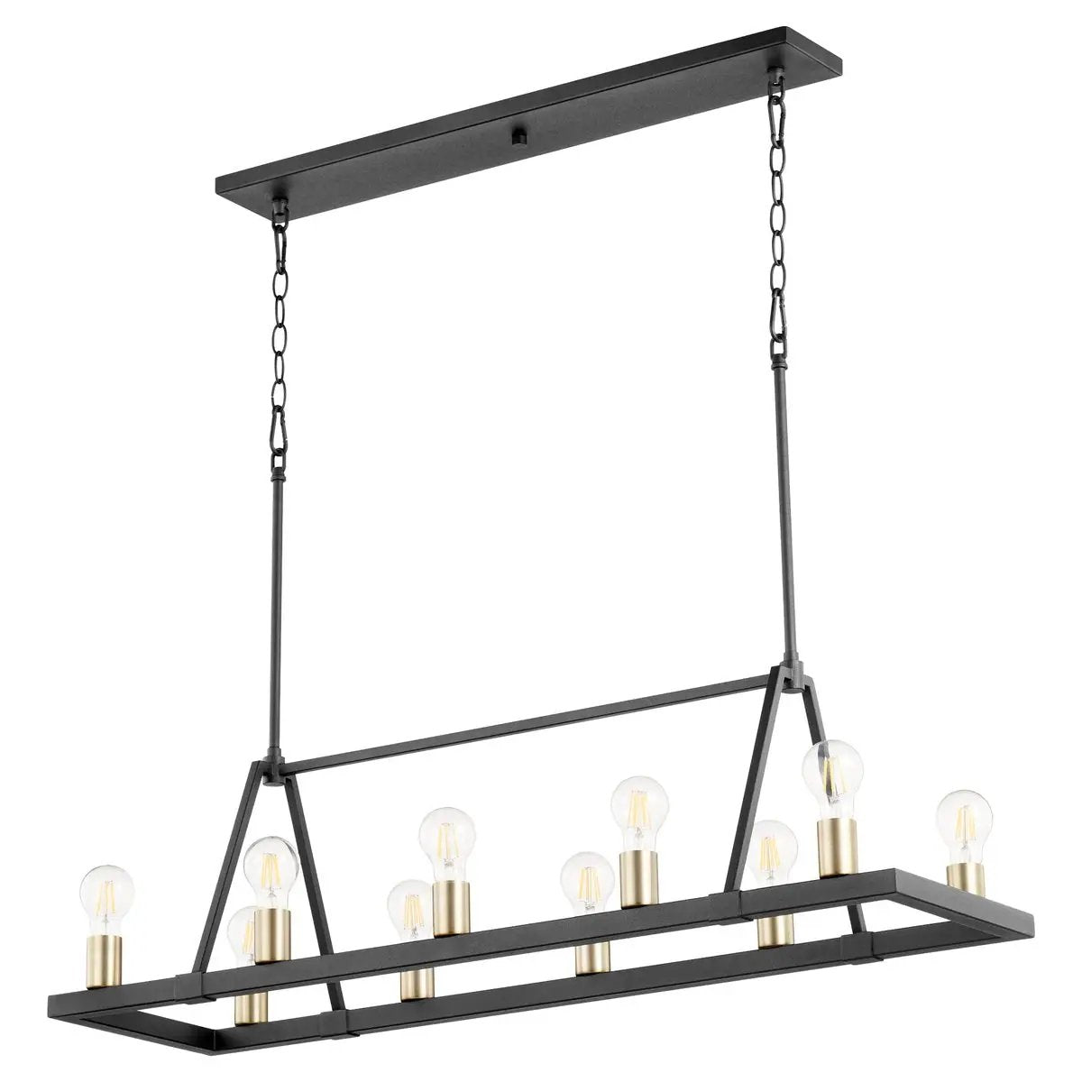 Farmhouse kitchen island lighting fixture with geometric stacked boxed frame, noir/aged brass finishes, and ten exposed medium base sockets. Suitable for indoor kitchens, dining rooms, living rooms, entry foyers, outdoor covered patios, and grilling areas. Damp listed.