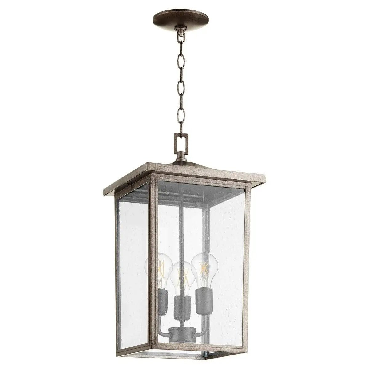 Farmhouse Outdoor Hanging Lantern with glass and metal frame, featuring three 60W medium base light sources. Clear-seeded glass enclosure provides warm ambient glow. Perfect for covered porch or patio.
