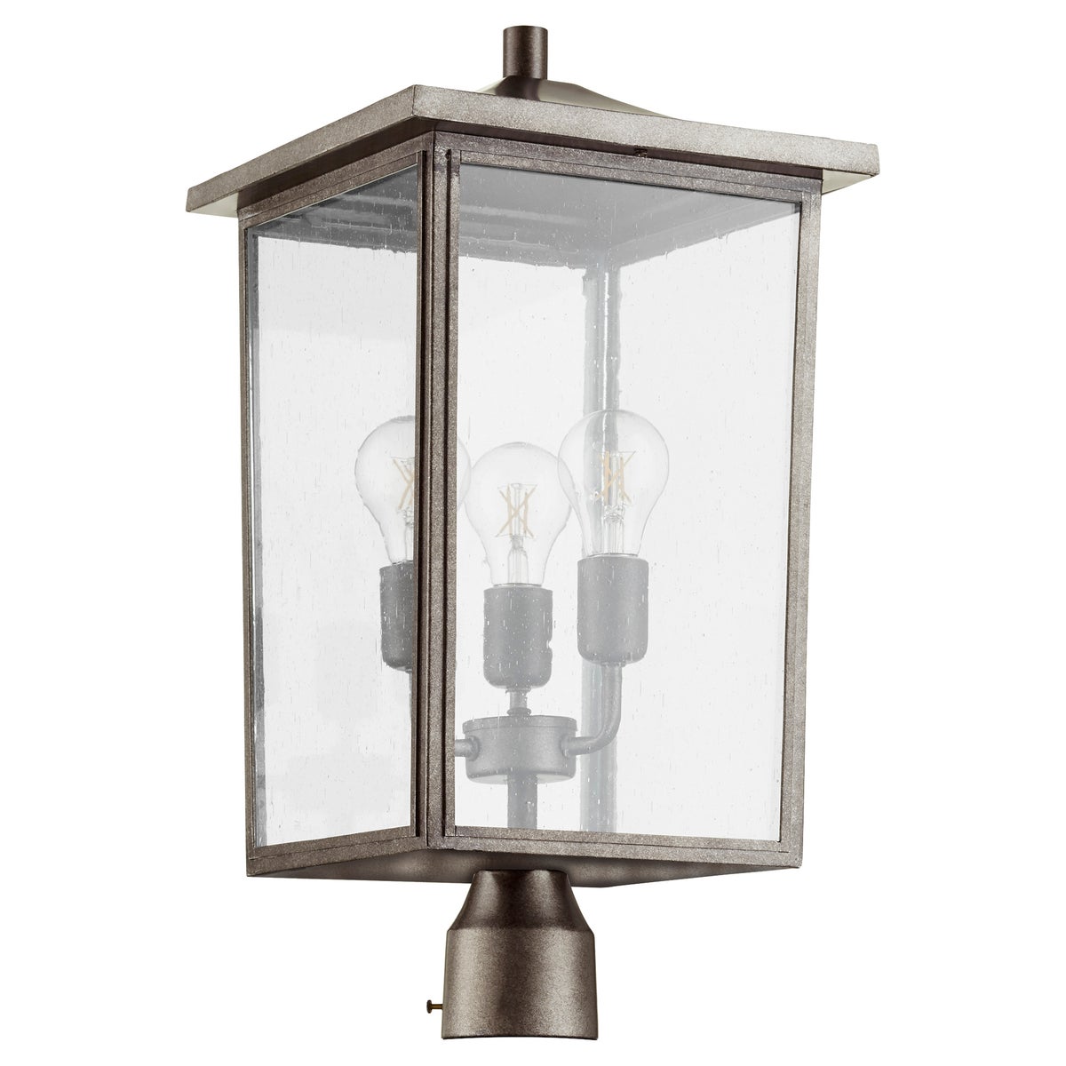 A farmhouse outdoor post light with a clear-seeded glass enclosure, featuring three 60W medium base light sources. Provides a warm ambient glow for your yard.