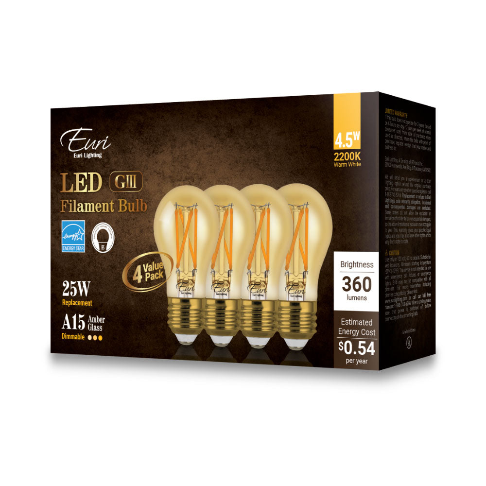 Retail box photo for a filament-style A15 LED bulb with amber glass, showing the packaging and printed specs for 4.5W input, 450-lumen output, 2700K warm white, 80 CRI, dimmable operation, medium E26 base, ENERGY STAR rating, and 120V operation.