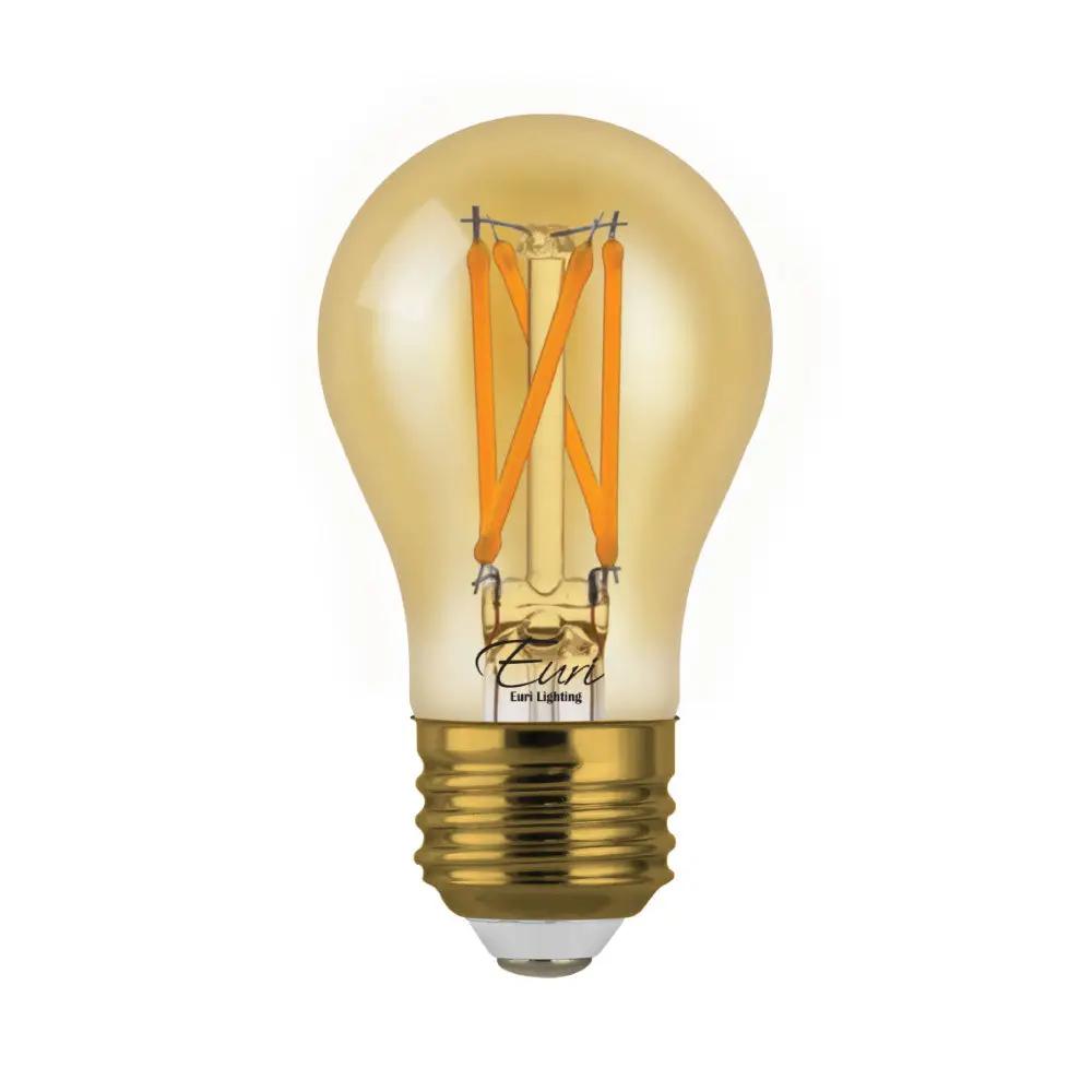A close-up of a Filament A15 Bulb, emitting warm white light. Provides 450 lumens, 2700K color temperature. LED technology for energy savings and long-lasting performance. Ideal for charming and hospitable environments.