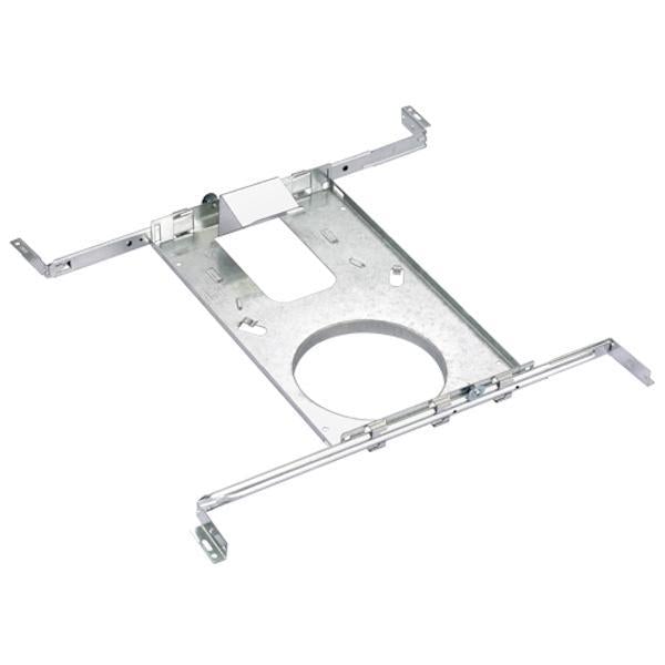 Flanged rough-in plate for recessed lights, a metal frame with a hole. Designed for new construction and renovations with exposed ceiling joists.