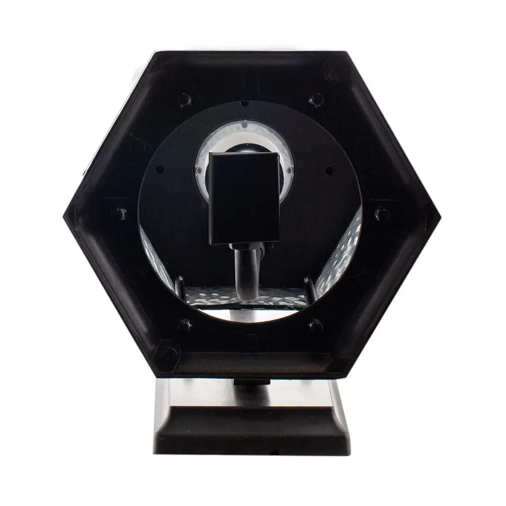 A black hexagon lantern with a flickering flame bulb and motion sensor detection, perfect for outdoor lighting and home security.