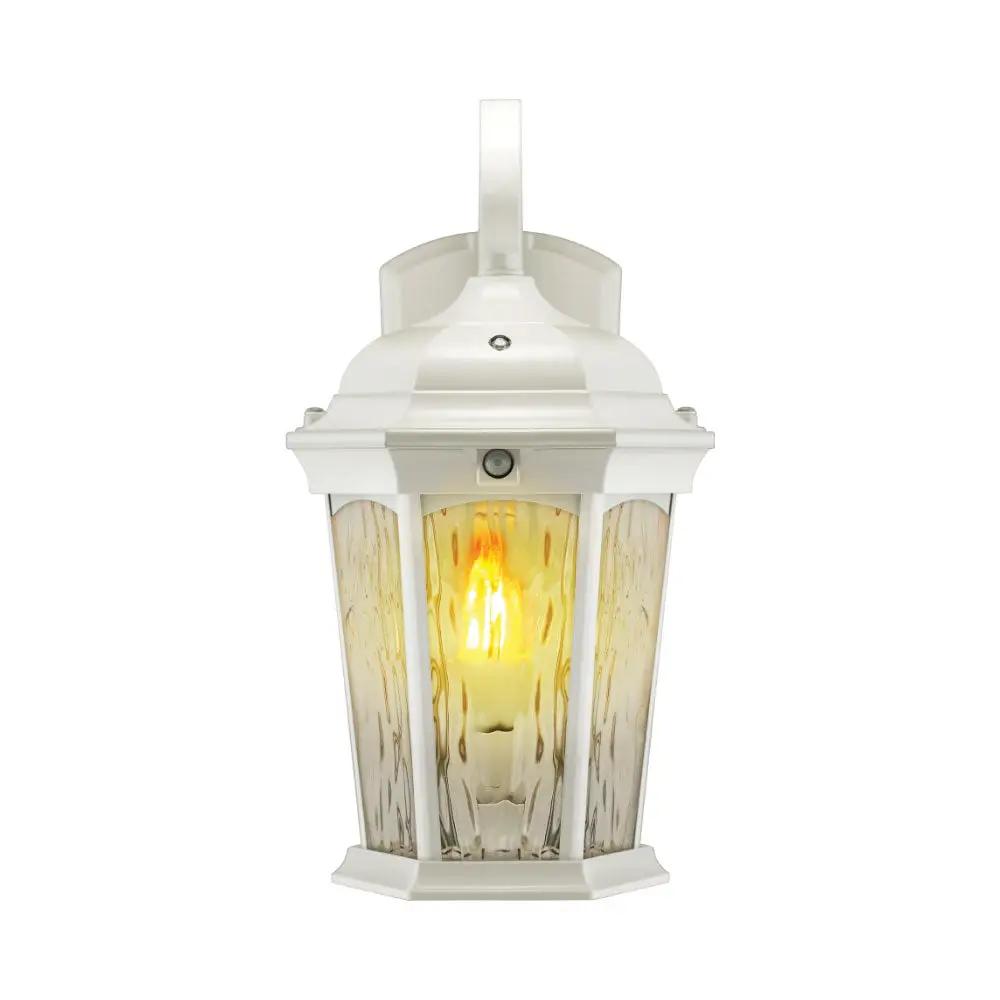 Flickering Flame Lantern with enclosed LED flame bulb and water glass design, providing aesthetic appeal and safety. Motion sensor activated for full brightness.