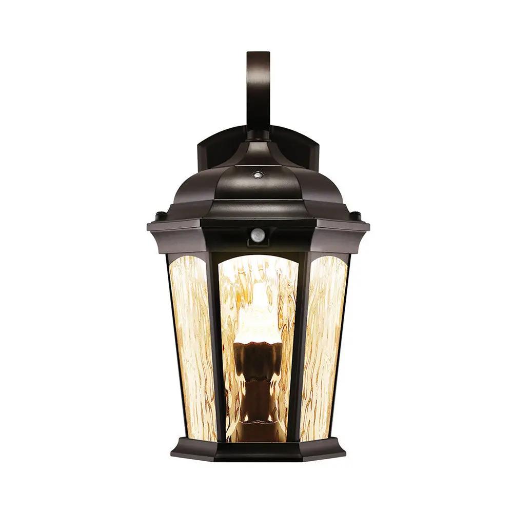 A black lantern with a flickering flame bulb, motion sensor, and water glass design. Perfect for outdoor lighting and home security.