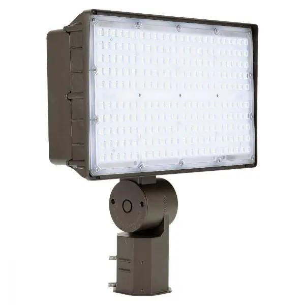 Flood Light LED Fixture, a close-up of a slim rugged aluminum housing with a black cylinder center. Provides 26200 lumens of light output. Ideal for signage, roadways, security, and general lighting applications.