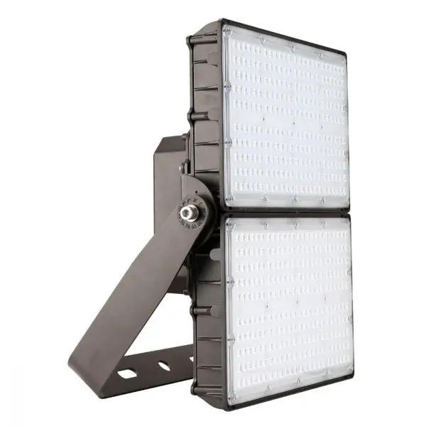 Flood Light Outdoor Fixture: A close-up of a slim, rugged aluminum housing with a white panel and a rectangular object. High performance lighting solution with 34500 lumens output, ideal for signage, roadways, security, and general lighting applications.