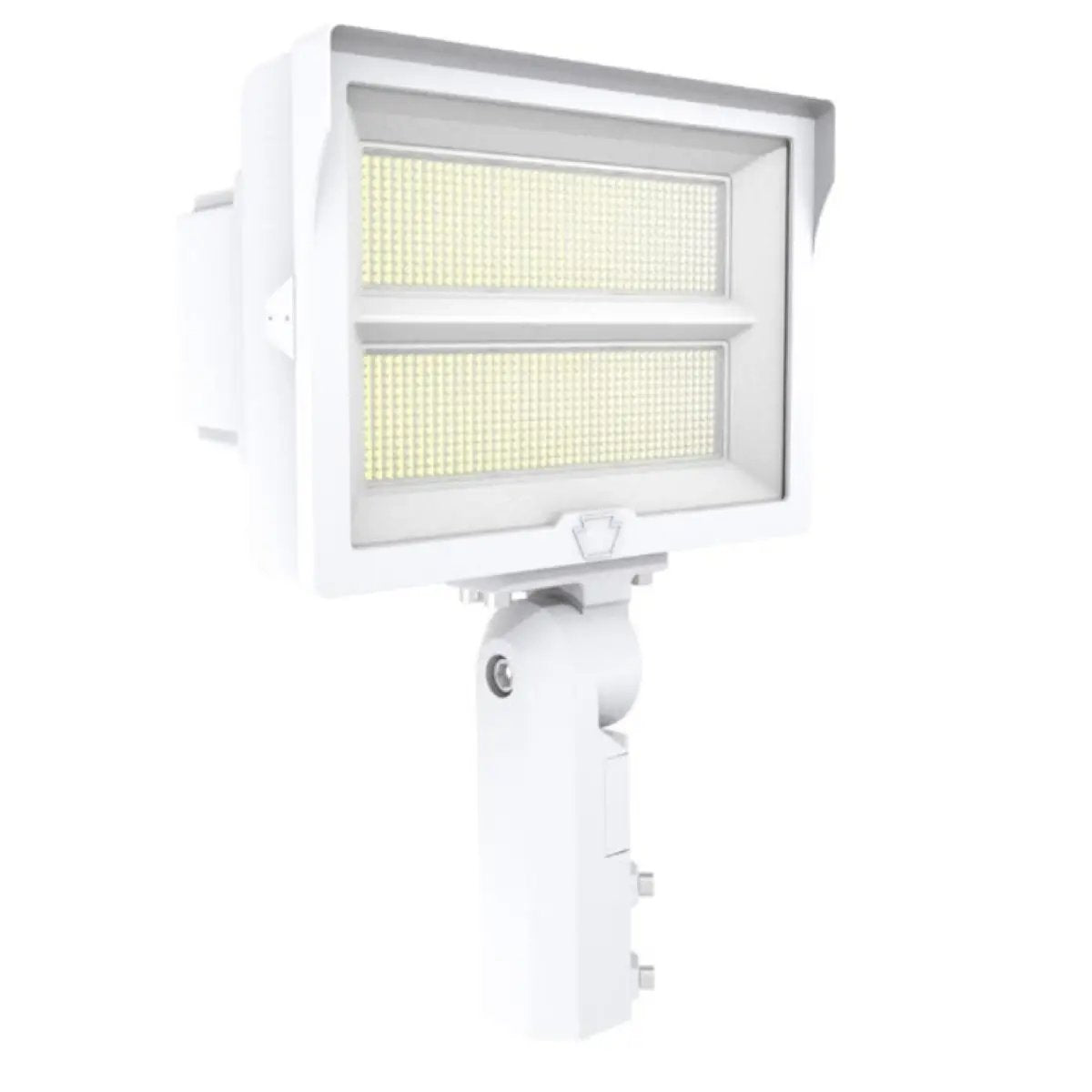 Main product shot in white finish of a high-output LED floodlight showing the rectangular housing and tempered glass lens; configured for slip fitter or trunnion mounting with built-in photocell, IP65-rated sealing, 120–277V input with 0–10V dimming, selectable 3000K/4000K/5000K (3K/4K/5K) at 80+ CRI, and 210W/290W options producing 29,820–40,600 lumens.