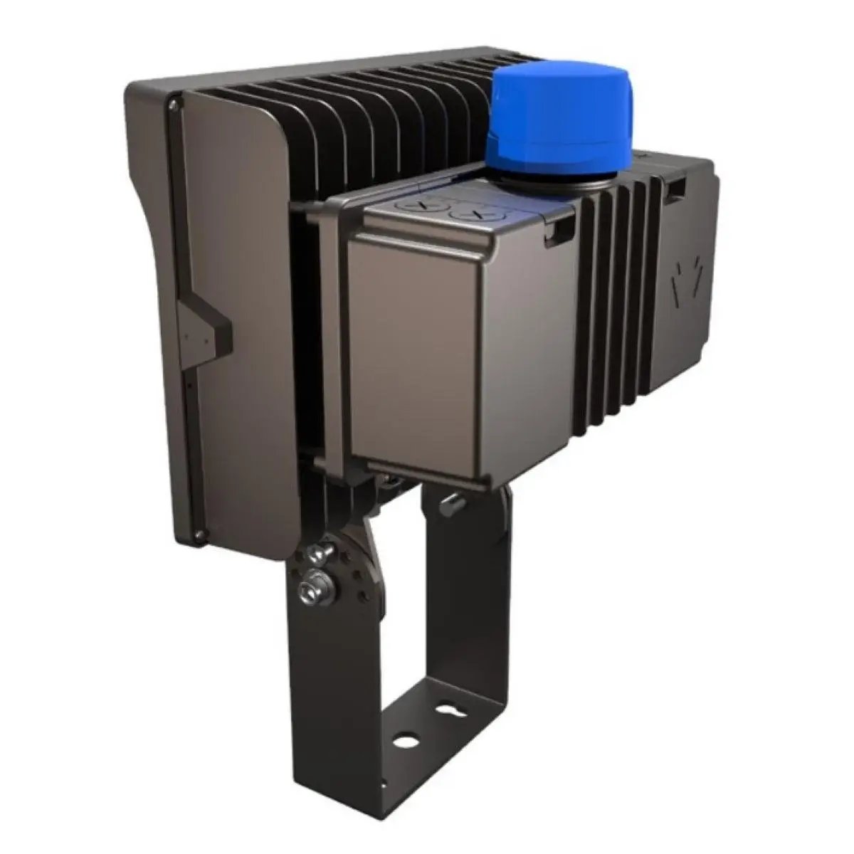 Bronze LED floodlight shown from an angled rear perspective with the trunnion bracket, blue dusk-to-dawn photocell on top, finned heat-sink back, and tempered glass face; 210–290W, 29,820–40,600 lm, 3000K/4000K/5000K, 80+ CRI, 0–10V dimming, IP65, 120–277V.