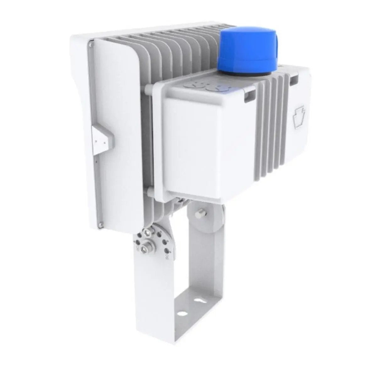 Rear three-quarter view of the white LED floodlight with slip-fitter/trunnion mounting showing the blue photocell on top, finned heat-sink housing, and tempered glass lens; 210–290W, 29,820–40,600 lm, 3000K/4000K/5000K, 80+ CRI, 0–10V dimming, IP65, 120–277V.