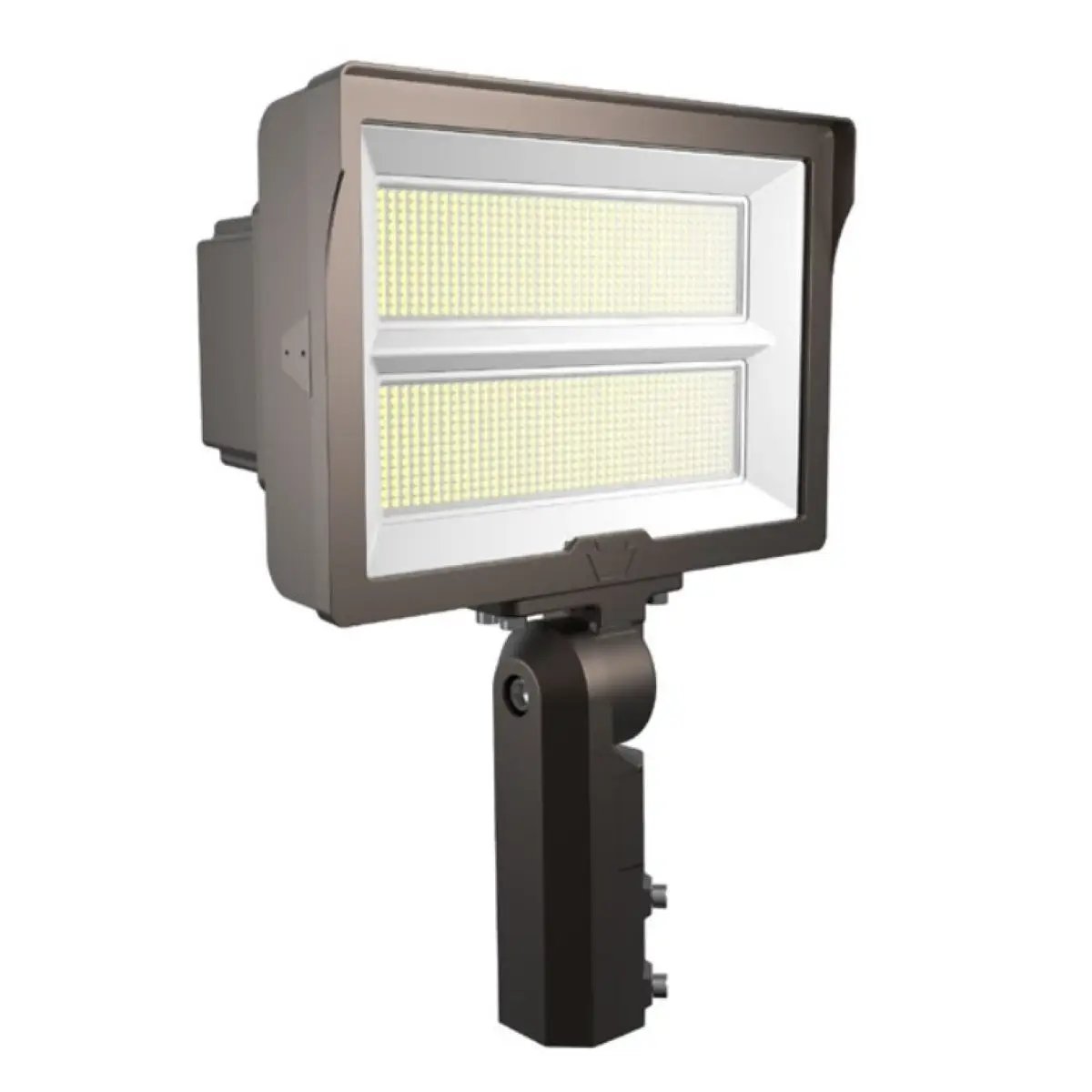 High-output LED floodlight with slip-fitter or trunnion mount, built-in photocell, and tempered glass lens for outdoor aiming; 120–277V input, 0–10V dimming, IP65-rated, 210/290W options (29,820–40,600 lumens) with selectable 3000K/4000K/5000K and 80+ CRI.