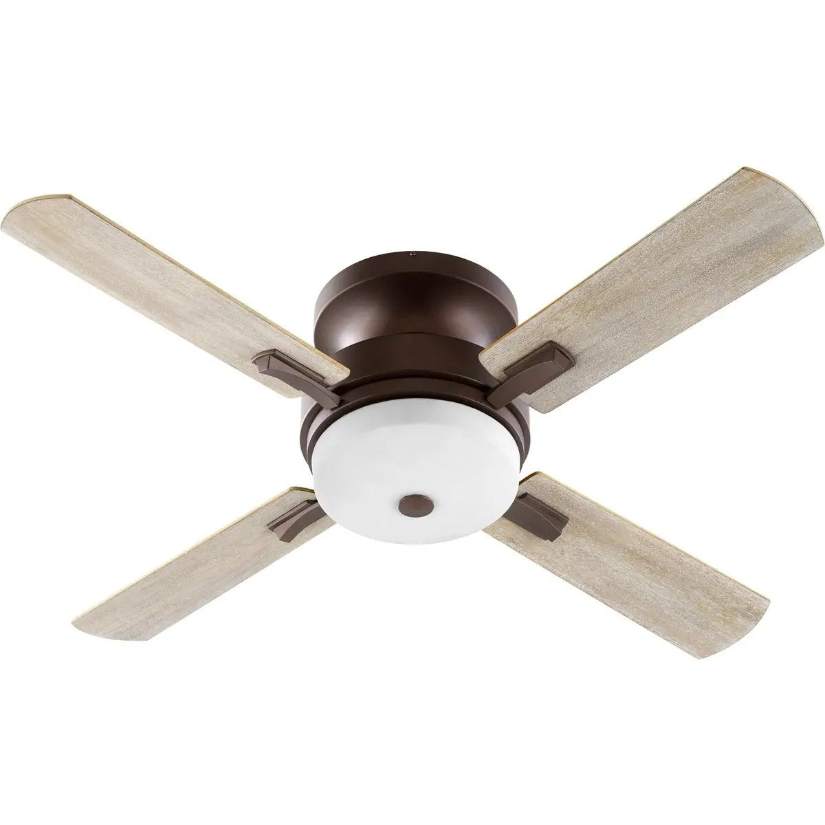 A Quorum International Flush Mount Ceiling Fan with Light, featuring slightly curved blades and inconspicuous housing. Effortlessly provides cooling comfort with a 52" sweep, perfect for areas with less overhead clearance. Includes 3 LED lamps and a light kit with a maximum wattage of 13.5 Watts. UL Listed for dry locations. Limited Lifetime warranty.