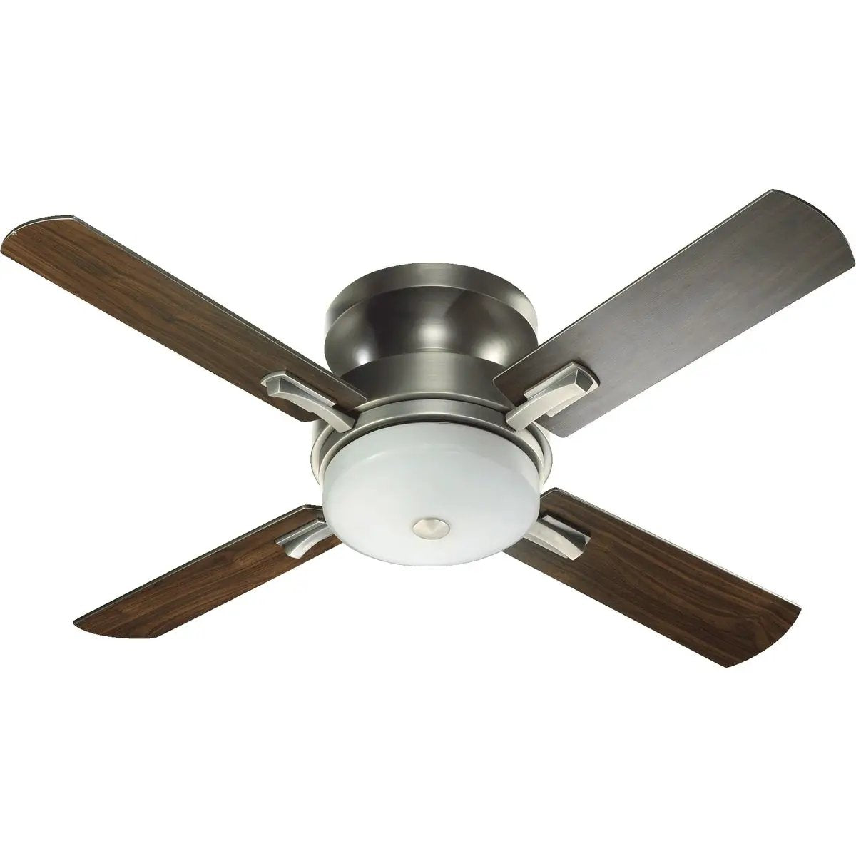 A Quorum International Flush Mount Ceiling Fan with Light, featuring slightly curved blades and inconspicuous housing. This indoor mechanical fan has a 52" sweep and includes a light kit with 3 LED lamps. UL Listed for dry locations. Limited Lifetime warranty.