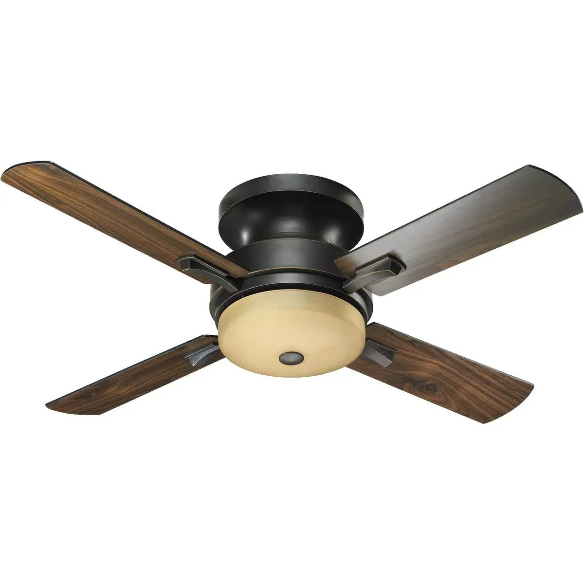 A Quorum International Flush Mount Ceiling Fan with Light, featuring slightly curved blades and inconspicuous housing. Effortlessly provides cooling comfort with a 52" sweep, perfect for areas with less overhead clearance. Includes 3 LED lamps and a light kit with a maximum wattage of 13.5 Watts. UL Listed for dry locations. Limited Lifetime warranty.