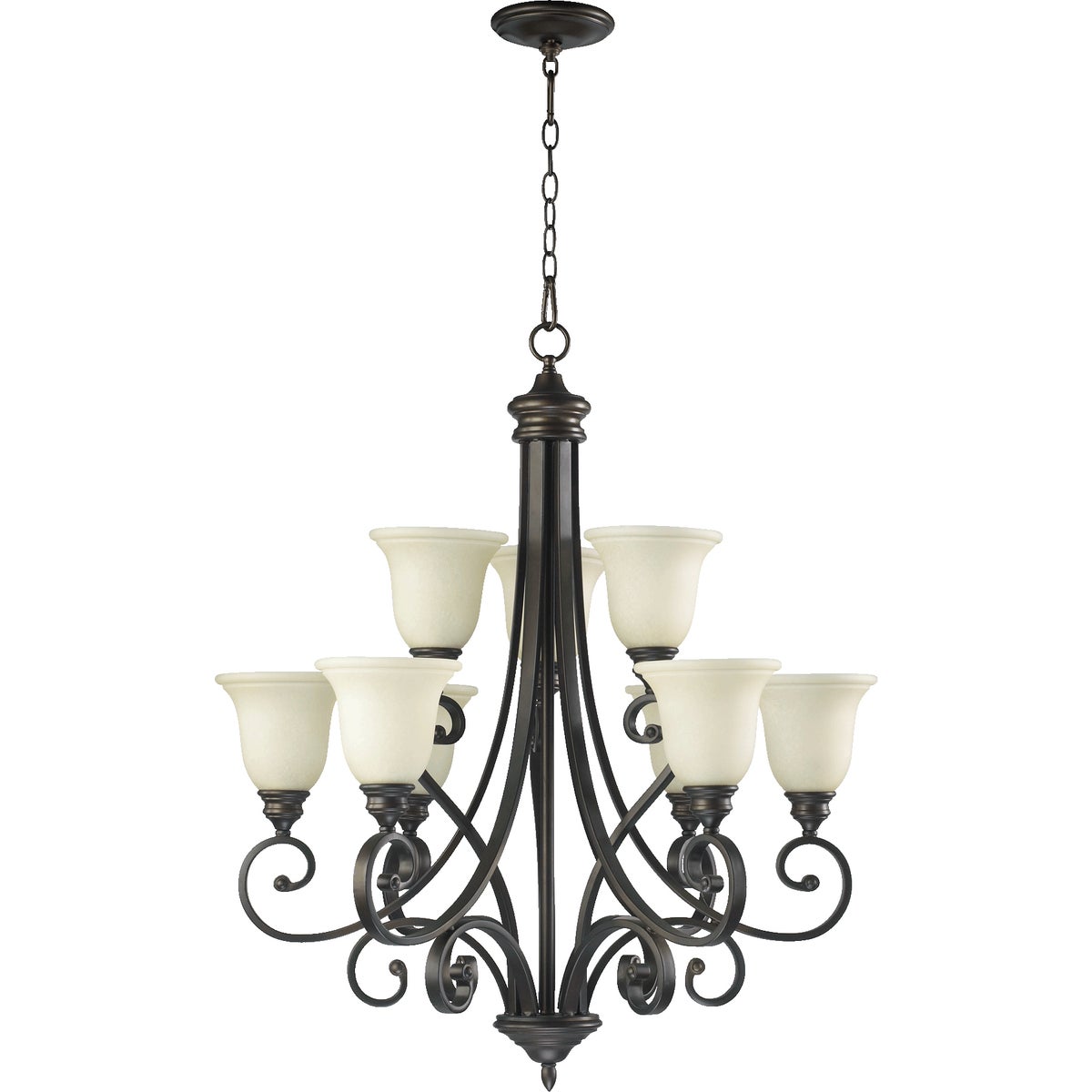 Foyer Chandelier with white glass shades, curvaceous arms, and symmetrical balance. Celebrate classic lighting design with this elegant, luxury chandelier for traditional or transitional spaces. 31"W x 36.25"H. 9 bulbs, 60W, dimmable. UL Listed, 2-year warranty.