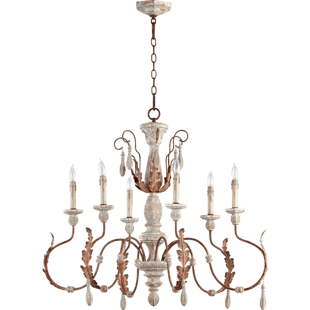 French Country Chandelier with rustic accents, reminiscent of 19th century bucolic France. Transparent frame, perfect for traditional or French country inspired spaces. 6-bulb ceiling fixture, Manchester Grey finish. 35.5&quot;W x 30.5&quot;H. UL Listed, Dry Location. 2-year warranty.