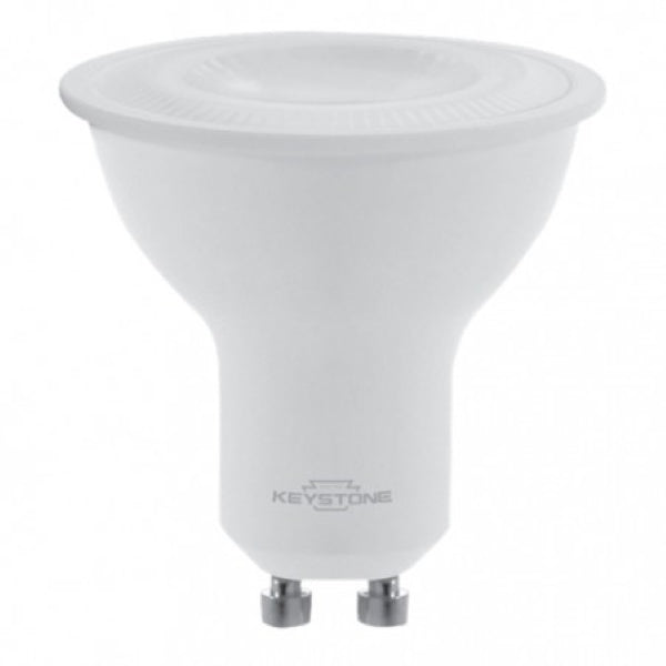 A white GU10 MR16 bulb with a round base, providing 500 lumens of light output. Ideal for replacing small halogen bulbs and suitable for open and recessed fixtures. Rated for 15,000 hours with a 3-year warranty.